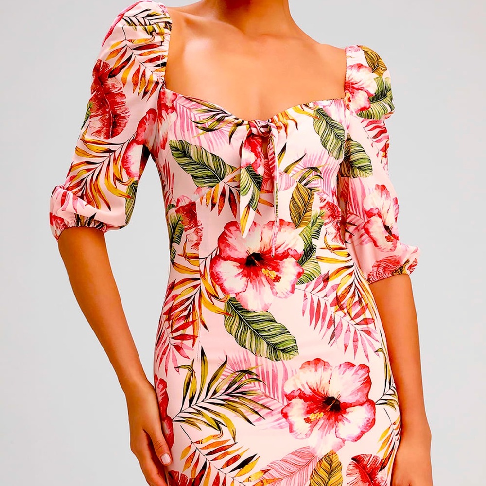 Tropical Print Tie-Front Puff Sleeve Mini Dress